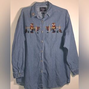 Vintage Denim Quizz Again Button Down Shirt with Embroidered Cowboy Bears